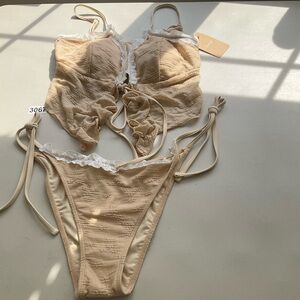 Samiol Large khaki Floral Tie Front Lace Ruffle Bikini Tankini Set